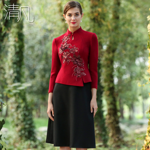 清凡婚礼妈妈装2018冬装新品羊毛两件套气质长款婚宴喜妈妈婆婆装