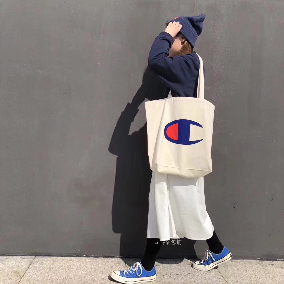 日韩ins超火单肩冠军帆布包大C手提购物袋潮流
