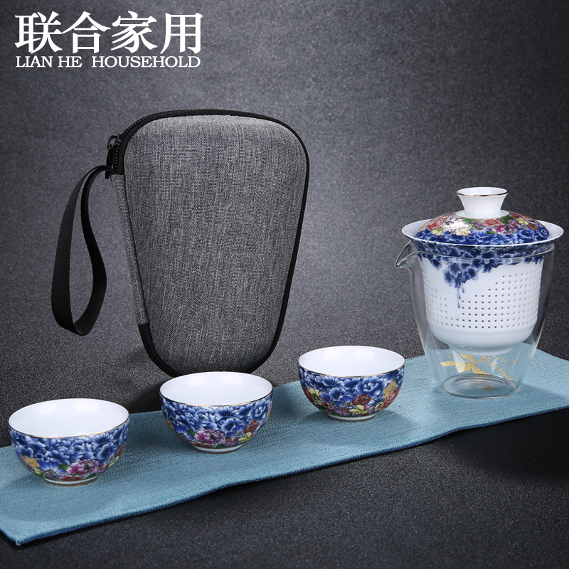 Portable package travel tea set suit blue and white porcelain teapot is suing the car travel to crack a pot of three