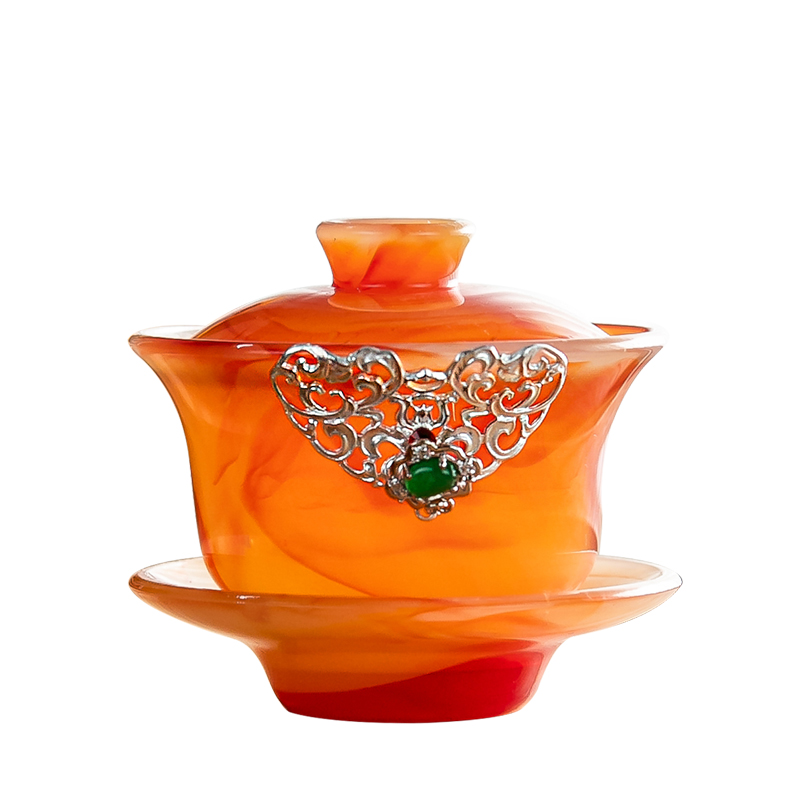 Set the vermillion agate jade porcelain tureen three big bowl tea saucer only heat - resistant glass colored glaze kung fu tea accessories