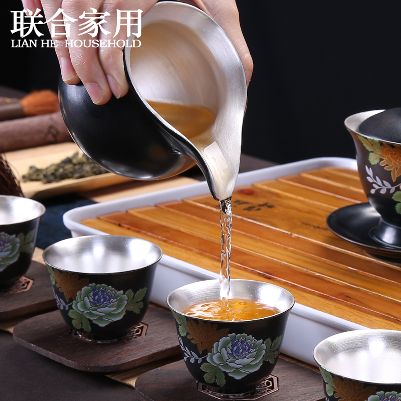 To be household jingdezhen ceramic tea set coppering. As 999 sterling silver, silver tea service of a complete set of kung fu tea tea bowls