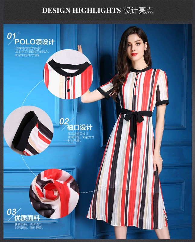 Basili 2020 mùa hè mới của phụ nữ váy ngắn tay ngắn tay in sọc voan - A-Line Váy
