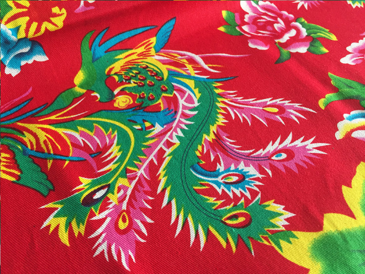 纯棉东北大花布红色凤凰牡丹布料民族风桌布衣服被套斜纹床单面料