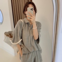 (Spot second hair) Joo Korean sports loose POLO collar short sleeve T-shirt shorts set D