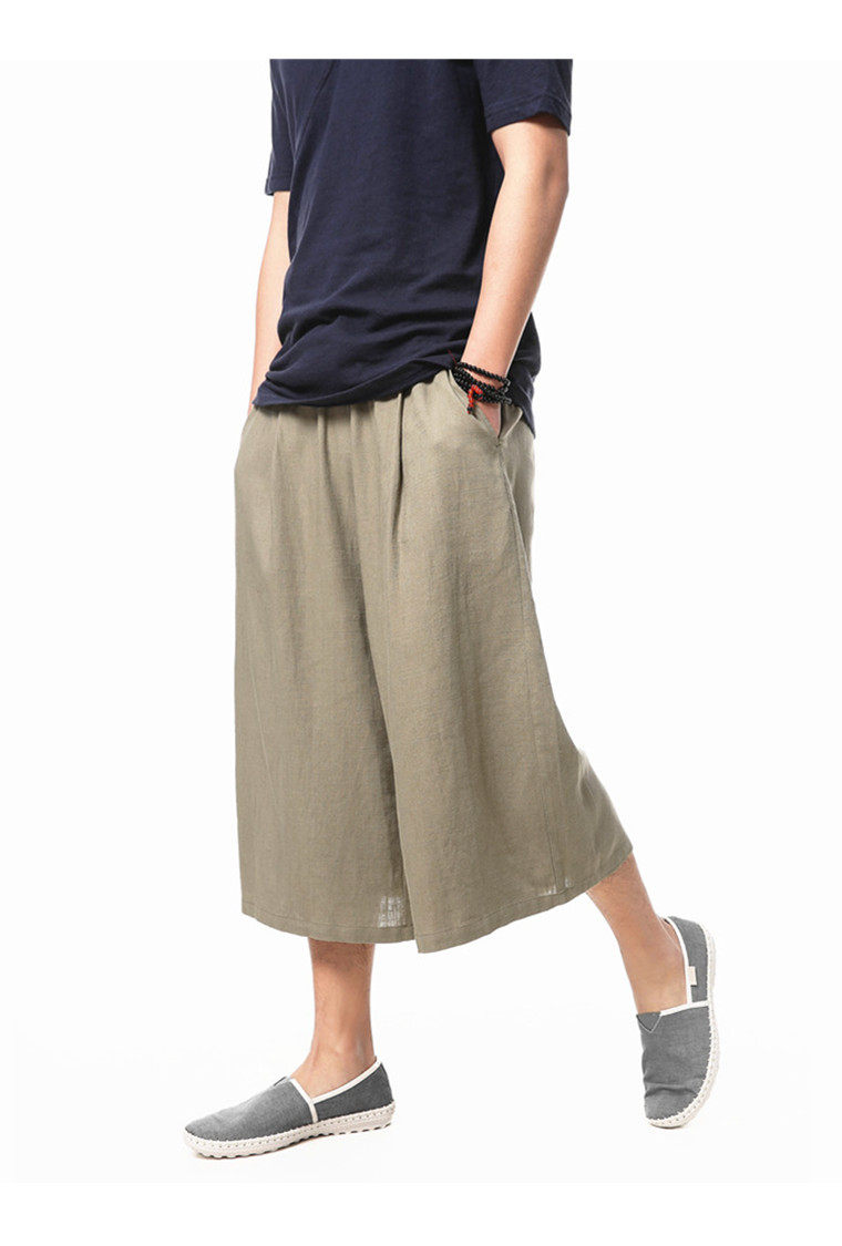 夏季薄款亚麻阔腿裤男中国风宽松棉麻7七分裤 男士宽腿裙裤大裤衩