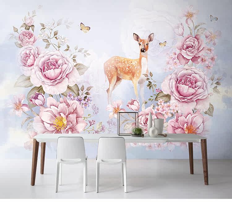 千贝 唯美小鹿花卉客厅背景墙壁纸 手绘立体田园墙纸 定制壁画【产品