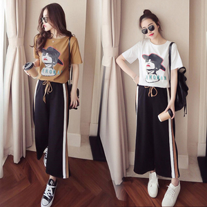 Large women’s short sleeve T-shirt wide leg pants casual two piece set