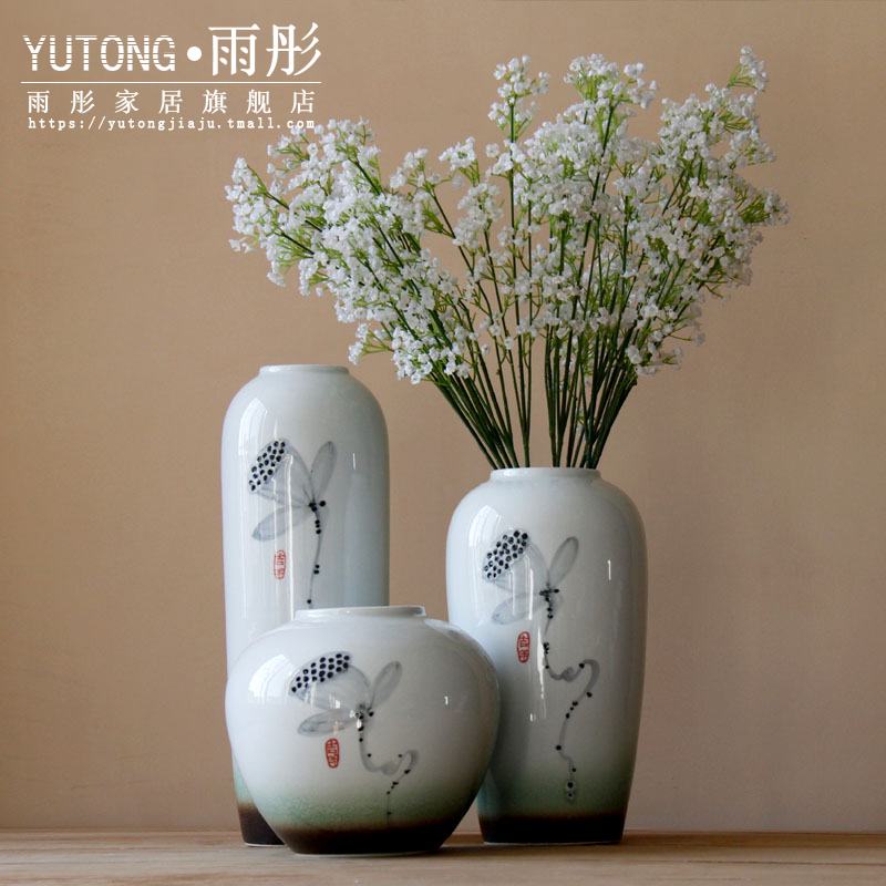 Chinese modern ceramic vases, flower implement with flowers bright glaze ink lotus sitting room desktop flower the household decoration