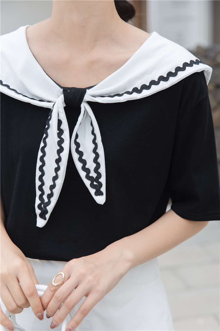 实拍设计感小众短袖t恤女法式复古海军领宽松百搭上衣针织衫-九九8530