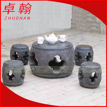 Stone carving bluestone antique round table Outdoor courtyard Marble stone table and chair ornaments decorative natural granite stone table