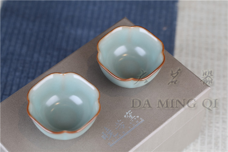 台湾茶具 晓芳窑汝窑粉青菱式四方杯 葵口粉青四方杯正品现货