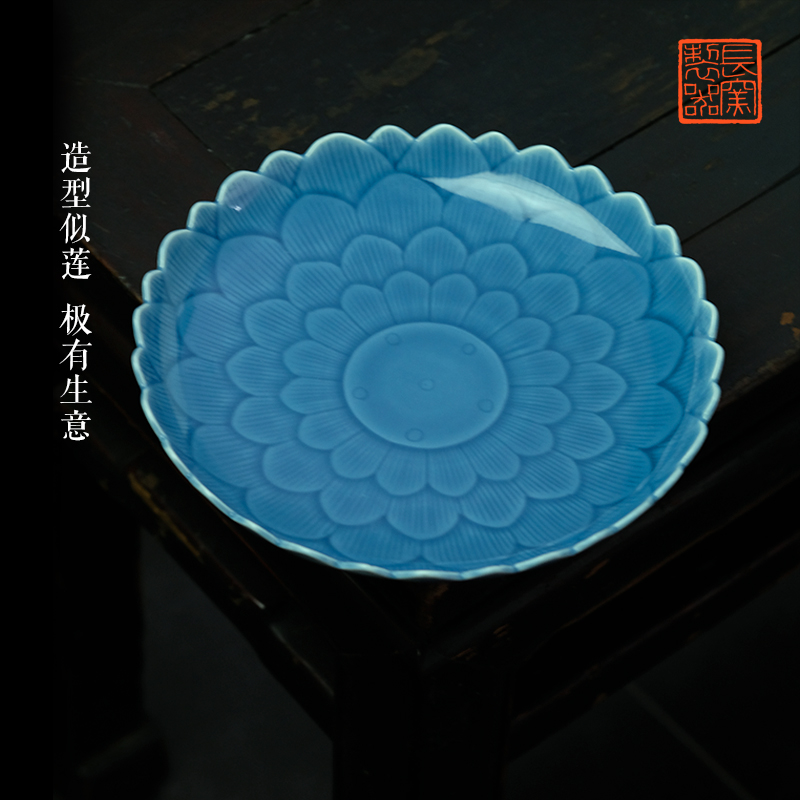 Offered home - cooked at flavor pot of dark blue glaze ceramic snack plate of fruit tray plate carved lotus - shaped jingdezhen ceramic tea set