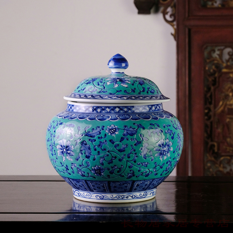 Long up controller offered home - cooked hoard of green space in blue and white tie up branches cover jingdezhen Chinese ceramic tea pot peony grains