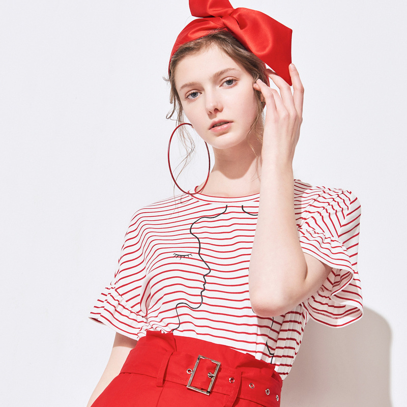 亦谷2018夏装新款圆领红色条纹荷叶袖创意人