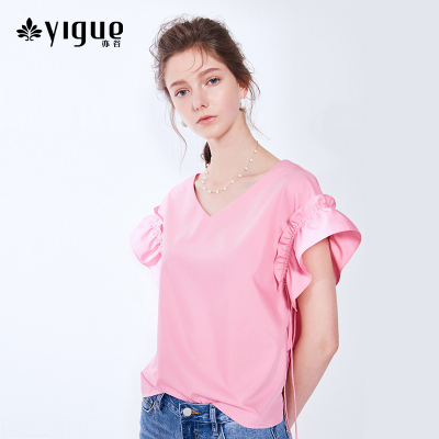 亦谷2018夏装新款白色V领荷叶边抽绳系带短袖