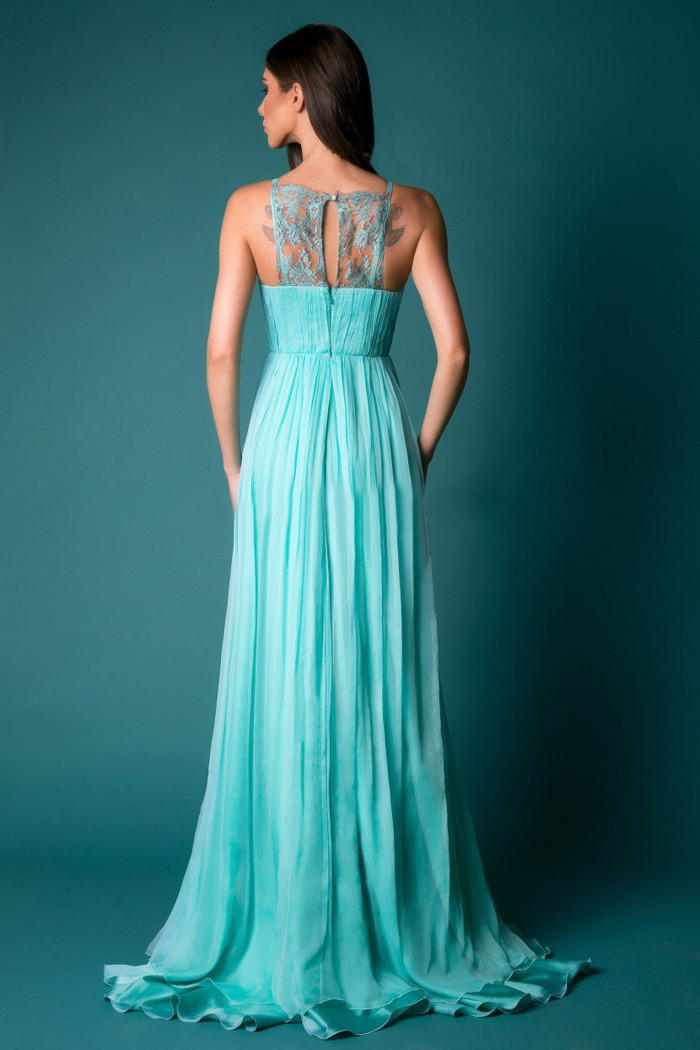 7117# 外贸爆款蓝色蕾丝拼接开叉拖地长裙 礼服裙