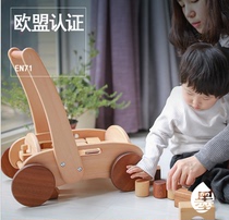 ins childrens toy baby walker multi-function anti-rollover four wheel can sit wooden trolley photo props