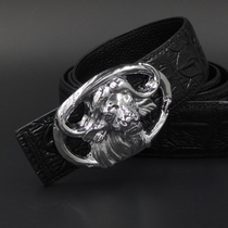 Domineering bull head smooth buckle belt European and American fashion crocodile cowhide boxed belt casual men leather belt