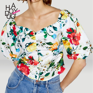 fashion simple U-collar lady flower printing lantern back shirt 