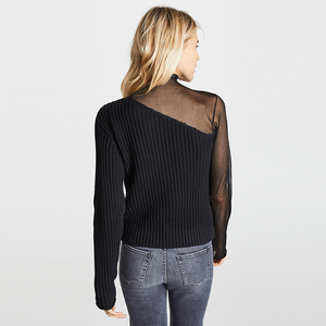 sexy mesh stitching asymmetric half-high collar knitted sweater 
