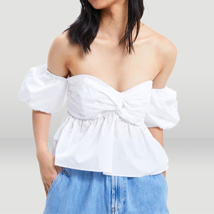 sexy open-shouldered Lantern Sleeve poplin breast-wiped blouse 