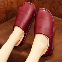 Winter bag with cotton shoes Mens and womens home indoor wooden floor leather slippers non-slip thick bottom home warm cotton slippers