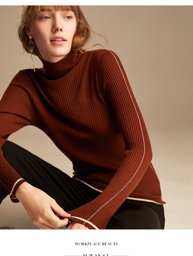 梅湾街2019春装新款半高领纯羊毛打底衫撞色条纹修身针织衫女套头