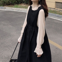 Spring and Autumn 2021 new womens loose skirt French retro strap dress Japanese black backing autumn dress
