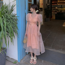2022 Summer new temperament gently windy windy pink over birthday dress Bubbly Sleeves Dress Woman Summer Long Dress