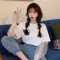 2022 Summer new small fresh and sweet design Sense Round Collar Blouse Super Fairy Mesh yarn splicing short sleeve T-shirt Female dress