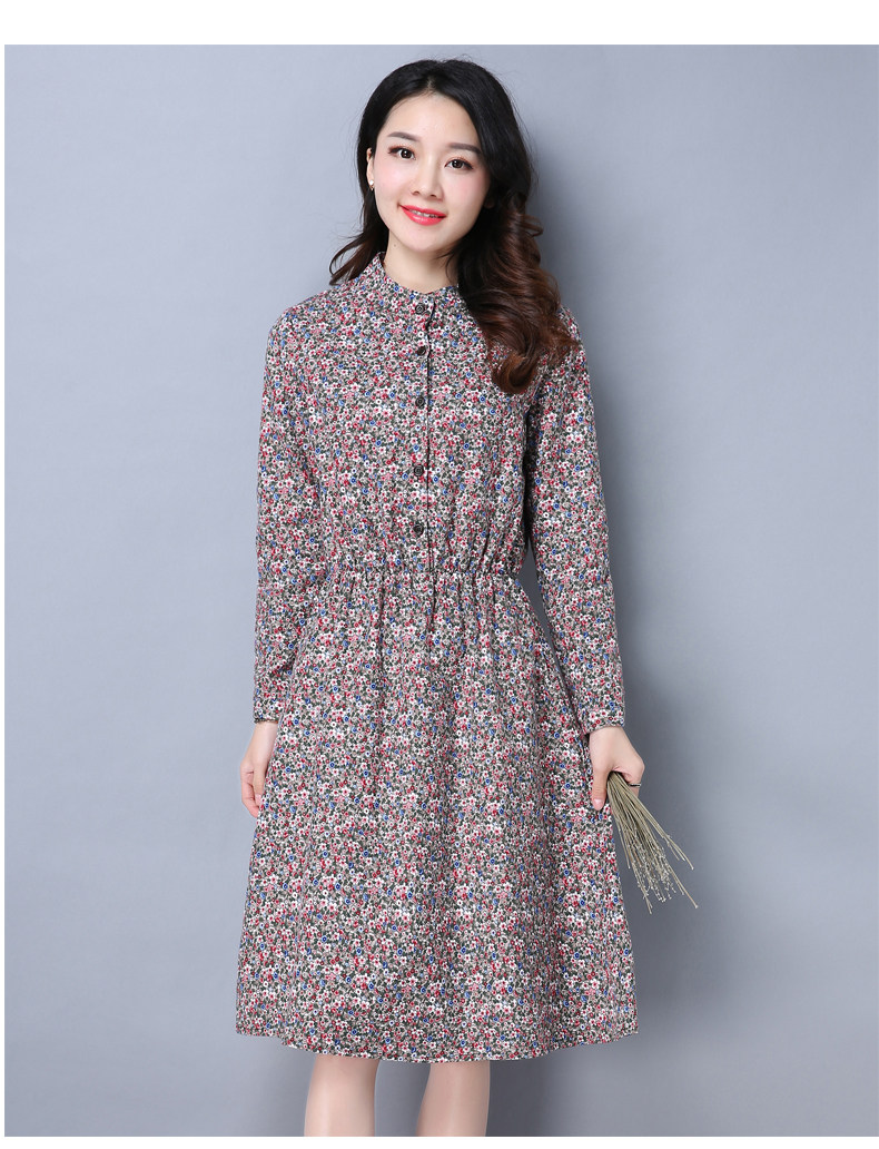 长袖碎花连衣裙女中年纯棉休闲裙子女秋中长款a字裙大码宽松长裙