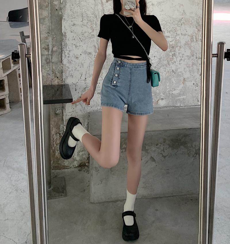 实拍实价~夏季韩版高腰显瘦四粒扣侧边扣超短裤阔腿牛仔热裤潮