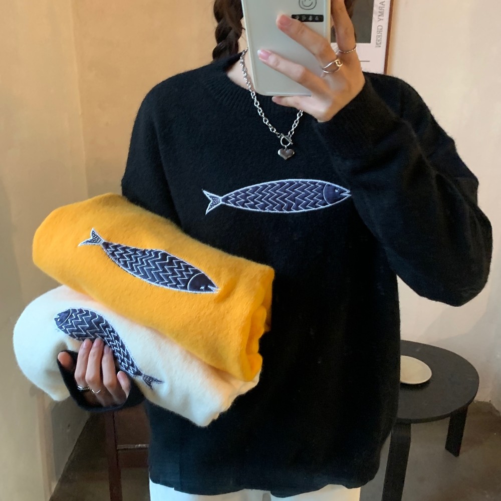 原创质检视频实拍实价~chic韩风鱼图案刺绣针织衫毛衣潮女