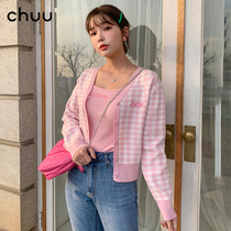 chuu Korea 2022 New pint of Barbie Joint Lattice Tattoo Long Sleeve Knitted Cardiovert Blouse Jacket