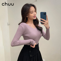 Chuu Korea Spring V-collar tight long sleeves knit shirt thin wear slim sweater