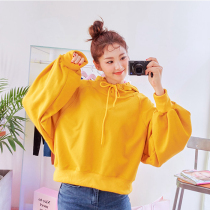 chuu Korea autumn new solid color loose shoulder bubble long sleeve short hooded sweater top women