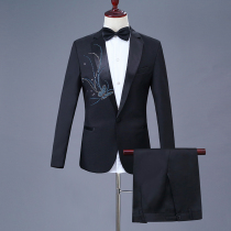 New Black Mens Chorus Costume Performance Dress Diamond Butterfly Pattern Wedding Host Dress Suit Set