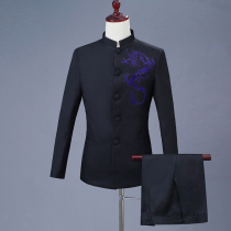 New black Chinese Costume embroidery embroidery Dragon chorus performance costume middle-aged and elderly stage performance Costume Customization