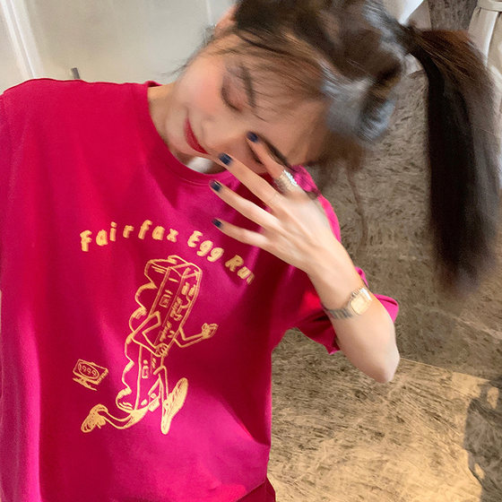 Park Zhengyi Rose Red T-shirt 2021 Summer New Net Red 여성 폭발 느슨한 반 소매 Pink White 캐주얼 Short Top Park Zhengyi Rose Red T-shirt 2021 Summer New Net Red 여성 폭발 느슨한 반 소매 Pink White 캐주얼 Short Top