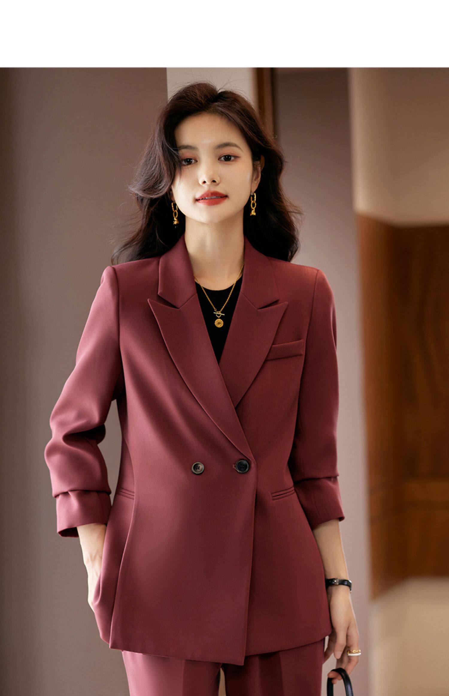 欧比兰西装外套女中长款气质韩版双排扣高级感职业通勤工作服春秋