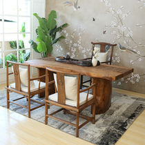 Big board tea table and chair reception table natural side irregular solid wood table Kung Fu Tea Tea Table large class platform dual-purpose