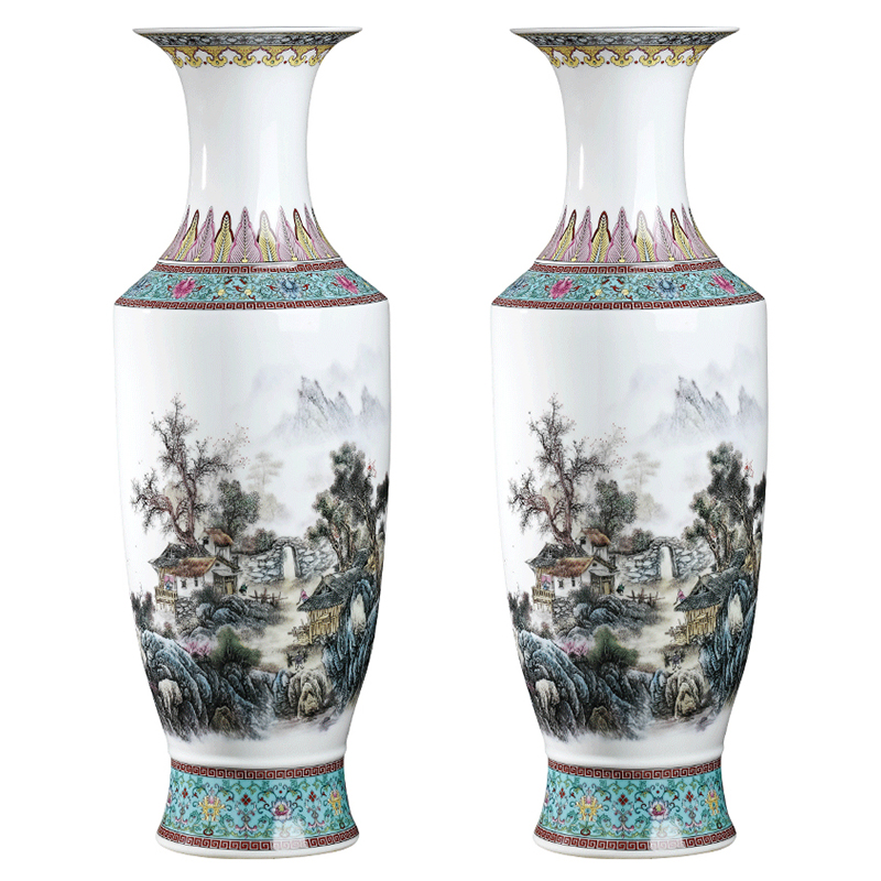 Jingdezhen ceramic antique pastel landscape of large vase household adornment high TV ark place, a large living room