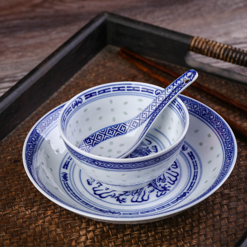 Jingdezhen ceramics old eat bowl bowl a single bowl of hot dishes and tableware suit blue and white porcelain bowls of household