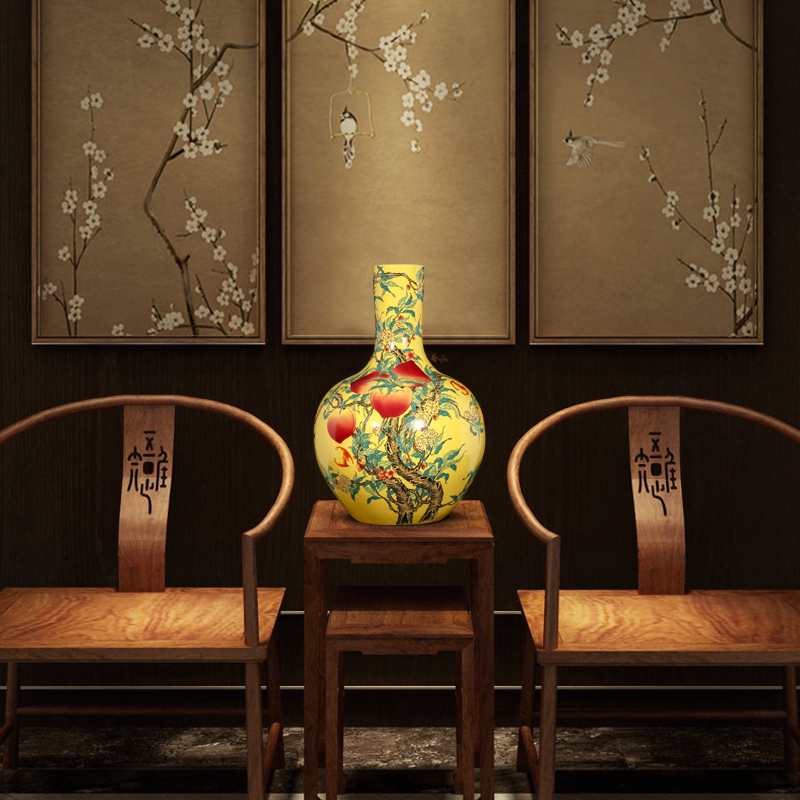 Jingdezhen ceramics furnishing articles sitting room nine yellow peach figure large vase flower arranging Chinese style household decoration gifts