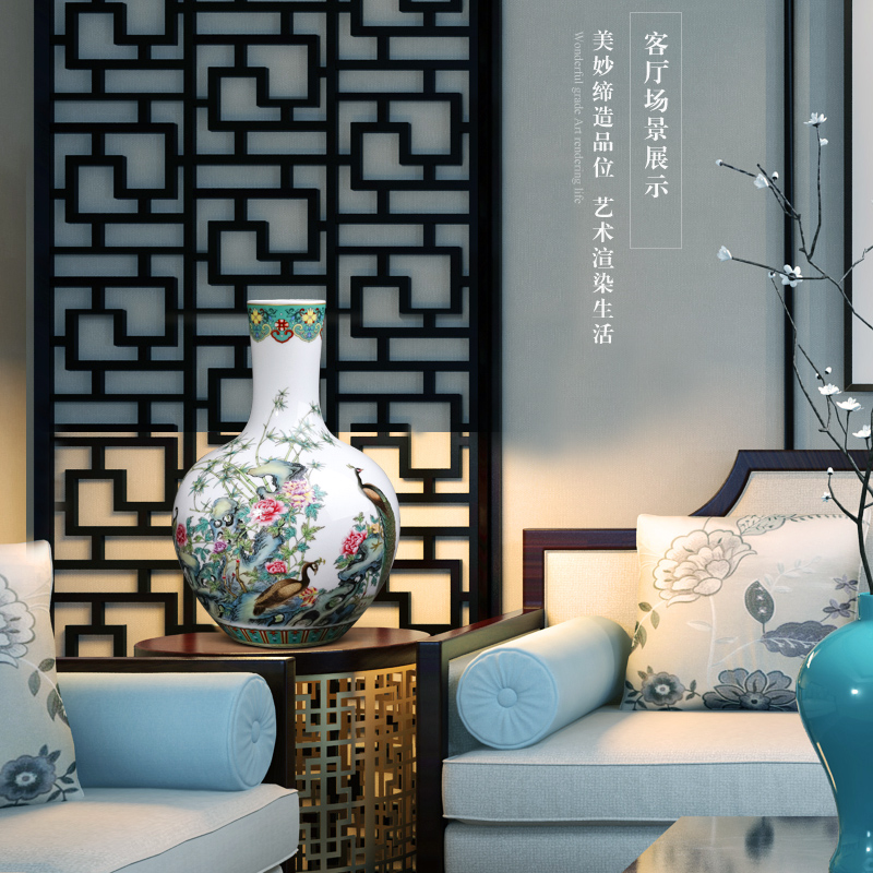 Jingdezhen ceramics peacock enamel vase furnishing articles of Chinese style living room home rich ancient frame wine ark, adornment