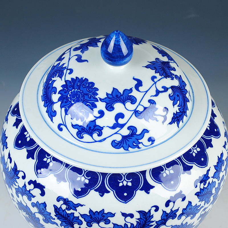 Jingdezhen ceramics antique blue - and - white bound lotus flower general tank storage tank with cover furnishing articles of Chinese style living room decorations