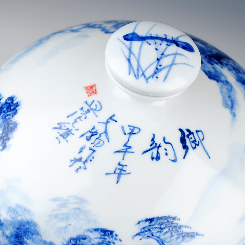 Jingdezhen Wu Wenhan famous blue and white landscape painting hand - made ceramic terms 15 kg bottle pack jars wine collection