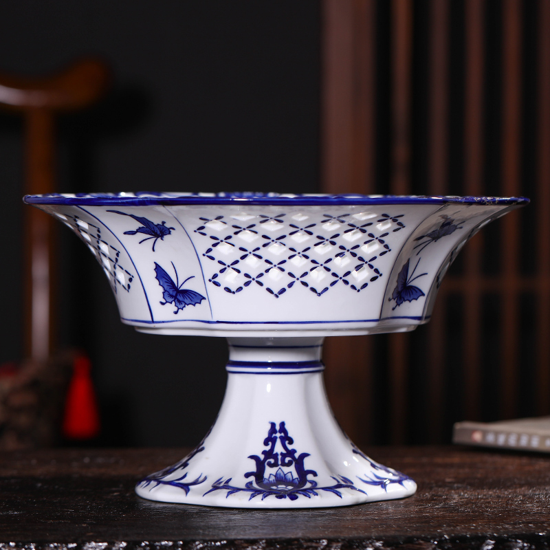 Jingdezhen ceramics creative Chinese blue and white hollow out high fruit bowl dried fruit sugar bowl creative home and practical