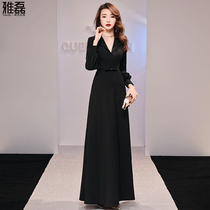 Black evening dress women simple and generous 2021 new V-neck long-sleeved banquet host dress thin dress