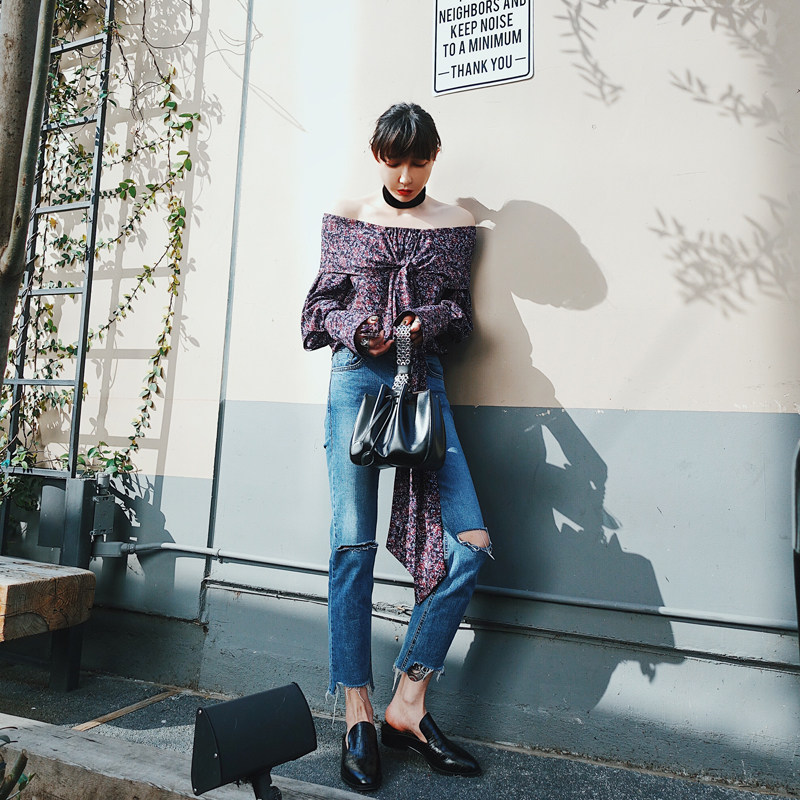 lamps 欧美原创设计女装秋冬新款 蓝色破洞毛边显瘦小脚牛仔9分裤